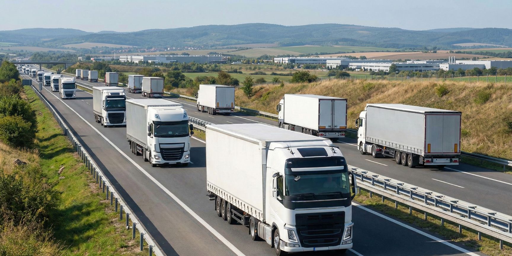 Eine Kolonne von unbeschrifteten Sattelzügen fährt auf einer mehrspurigen Autobahn, die durch eine ländliche Region mit Industriegebieten im Hintergrund führt. Symbolbild für Nearshoring-Transportlogistik